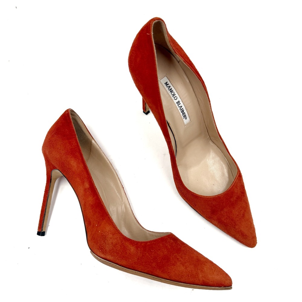 Manolo Blahnik BB Pumps Orange Suede Pointed Toe Stiletto Heels Sz 39.5 / 9.5